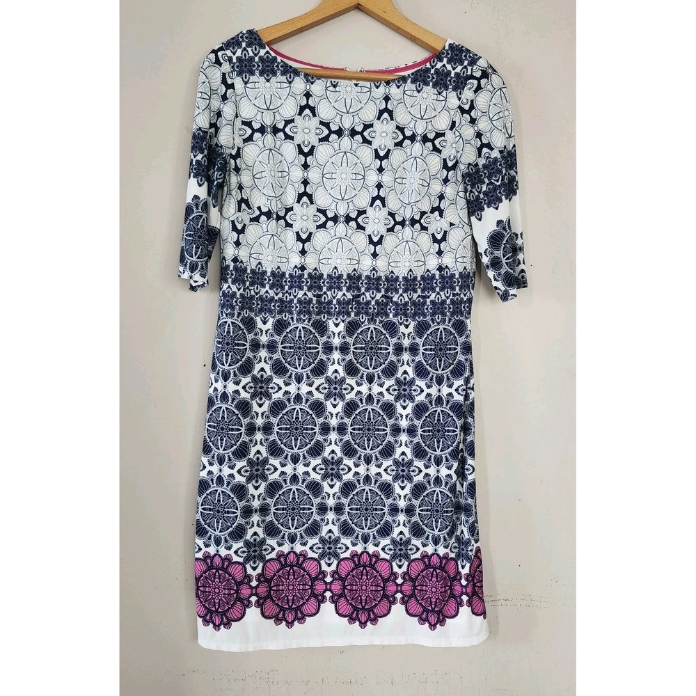Eliza J Womens Sz 6 Navy Magenta Fractal Floral Lined Sheath Knee Length Dress